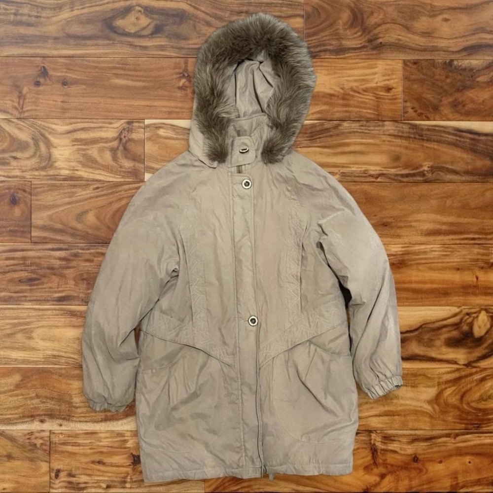 Women's Tan Utility Jacket with Faux Fur Hood